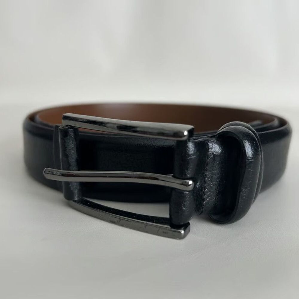 Genuine Italian Leather Belt Mens 38 Black Handmade Dress Gunmetal Buckle Italy